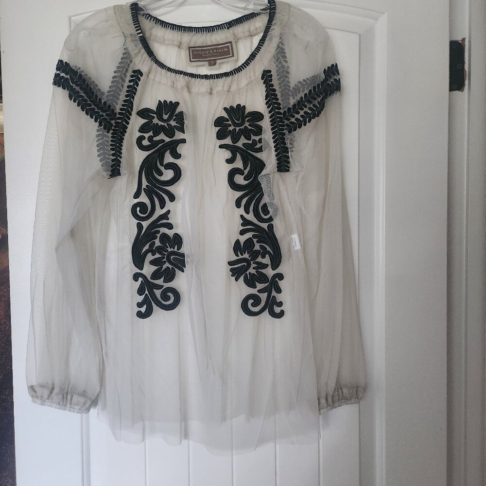Double D Ranch Sheer blouse with velvet embroidery.  Size Small.  Cream color